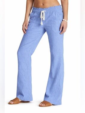 Roxy Linen Blend Pants MEDIUM Blue Wide Leg Drawstring Elastic Waist Beach Boho
